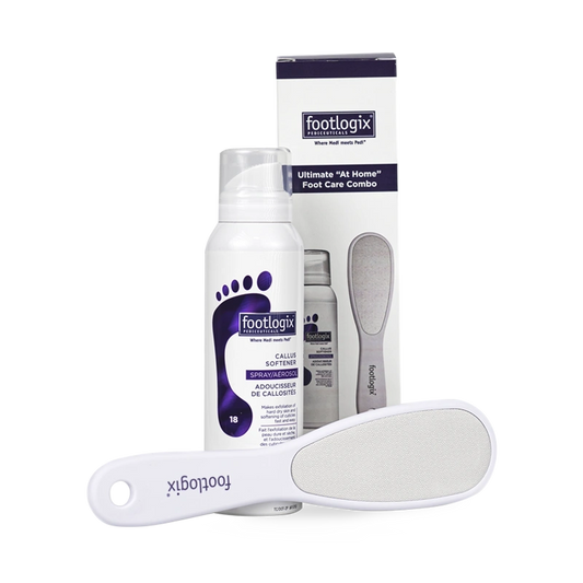 combo Footlogix, soins des pieds à domicile, Callus Softener, râpe ergonomique, pieds secs