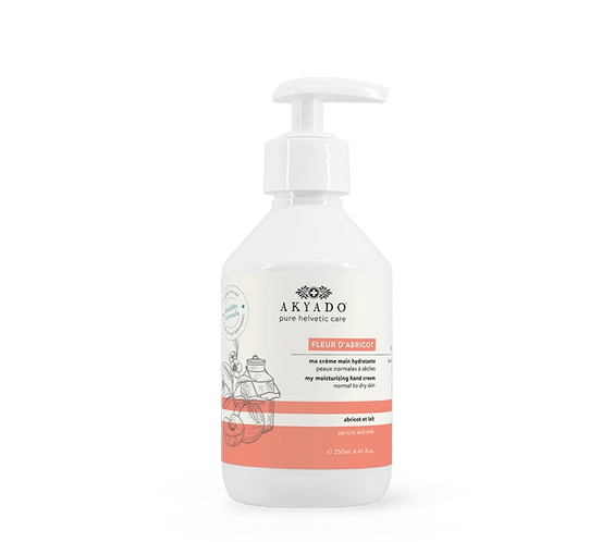 crème mains Fleur d’Abricot 250 ml, hydratante, naturelle, fabriquée en Suisse, sans parabènes