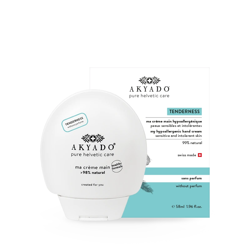 crème mains Tenderness 58ml, hypoallergénique, sans parfum, thé vert, protéines de blé, peaux sensibles