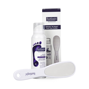 combo Footlogix, soins des pieds à domicile, Callus Softener, râpe ergonomique, pieds secs