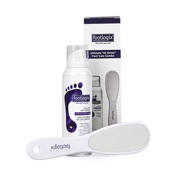 combo Footlogix, soins des pieds à domicile, Callus Softener, râpe ergonomique, pieds secs