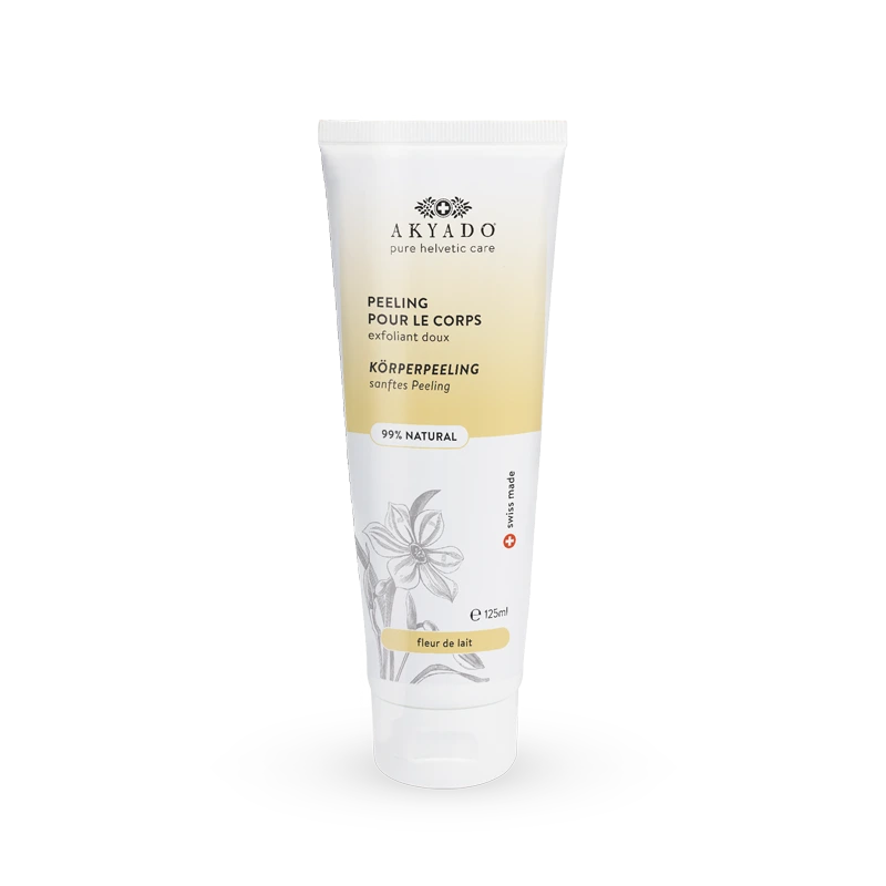 peeling corps Fleur de Lait, exfoliant double grain, renouvellement cellulaire, peau douce